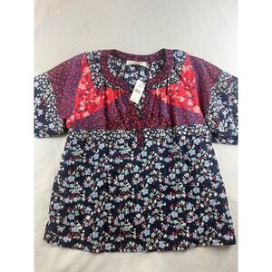 LOFT Floral Print Short Sleeve Blouse Top Red‎ Blue Women's Size Small